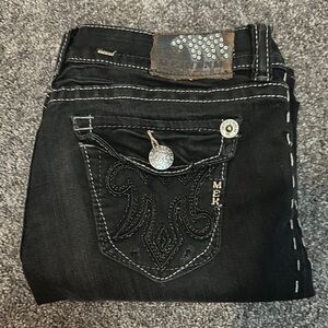 Buckle Black Boot Cut Jeans with Contrast Stitching